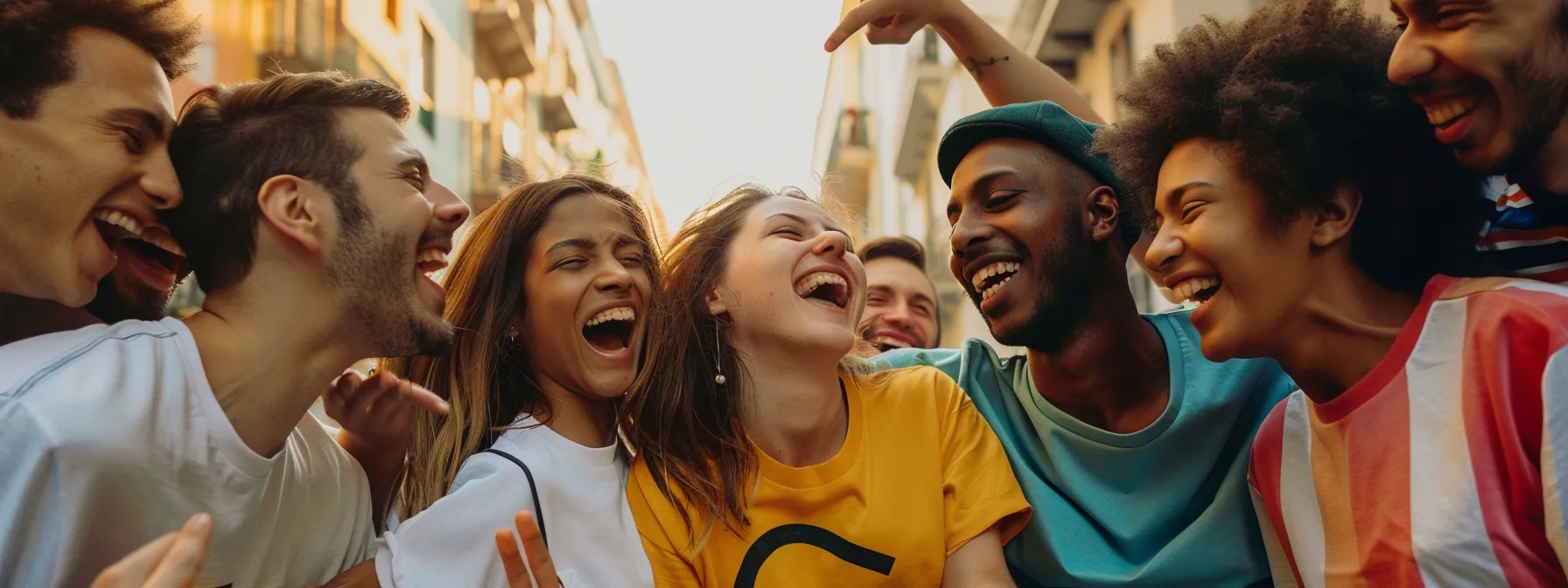 a group of people wearing various funny t-shirts with clever visual-text combinations, laughing and pointing at each other.