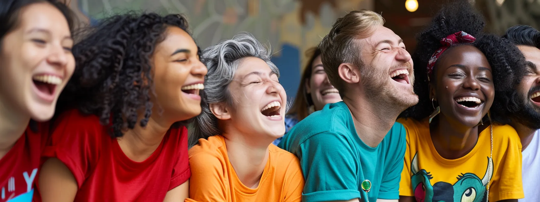 a group of people of different ages and backgrounds laughing together while wearing various humorous t-shirts.