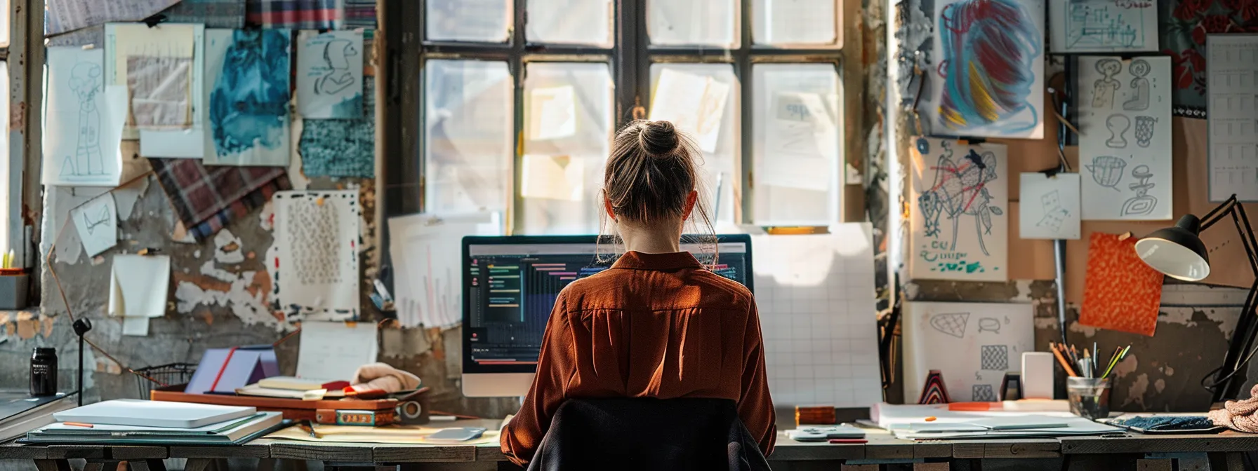 a designer surrounded by sketches, fabric swatches, and a computer, deep in thought and creativity.