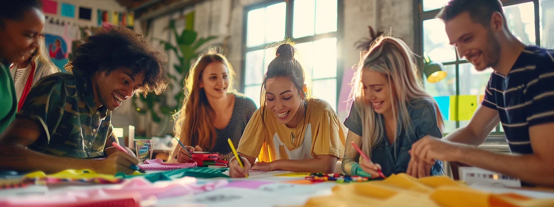 a group of people gathered around a table covered in fabric and colorful pens, brainstorming and laughing as they craft puns for funny t-shirts.