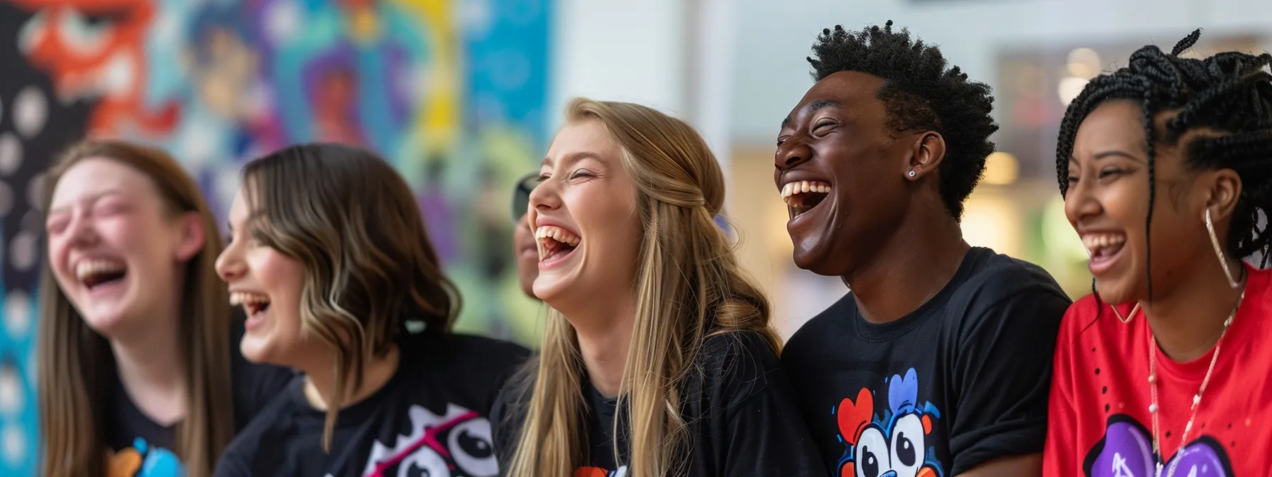 a group of people laughing while wearing funny pop culture-inspired t-shirts.