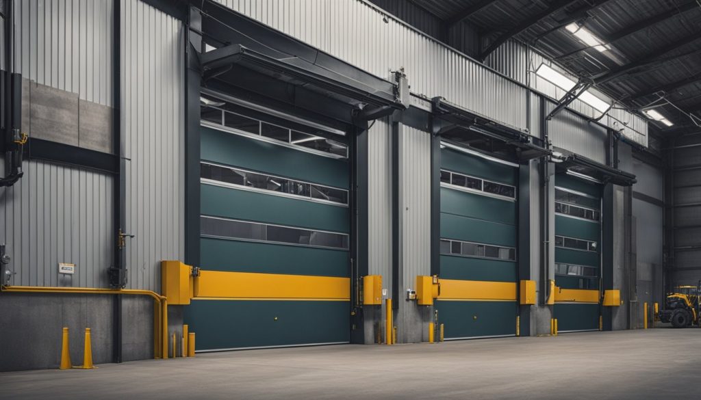 Large, steel overhead doors in an industrial setting, surrounded by concrete walls and machinery