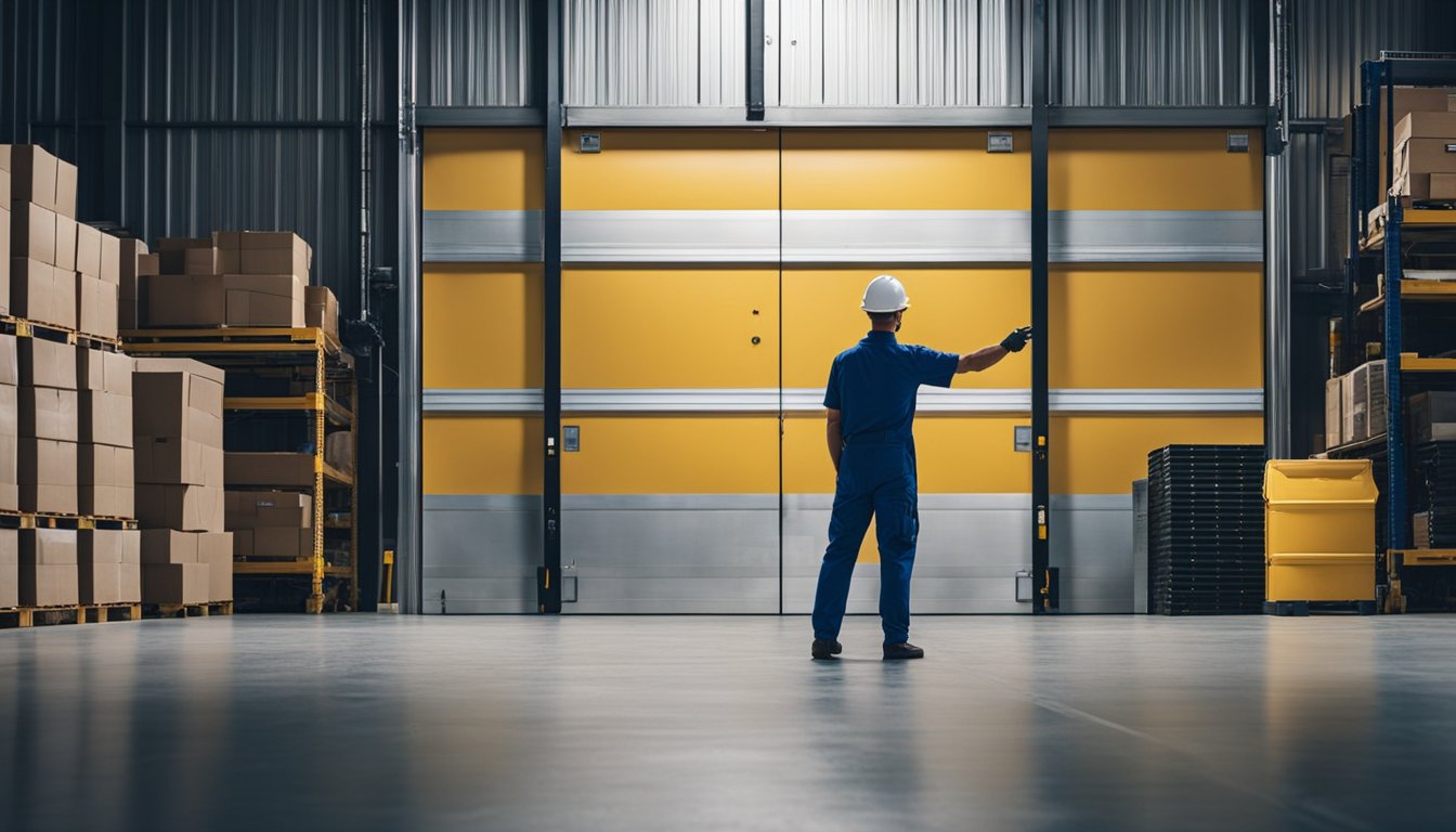 A technician installs and maintains overhead industrial doors in a large warehouse