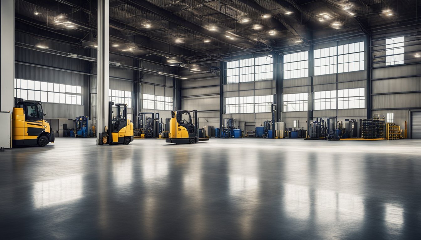 An industrial warehouse with large overhead doors opening to reveal machinery and equipment inside