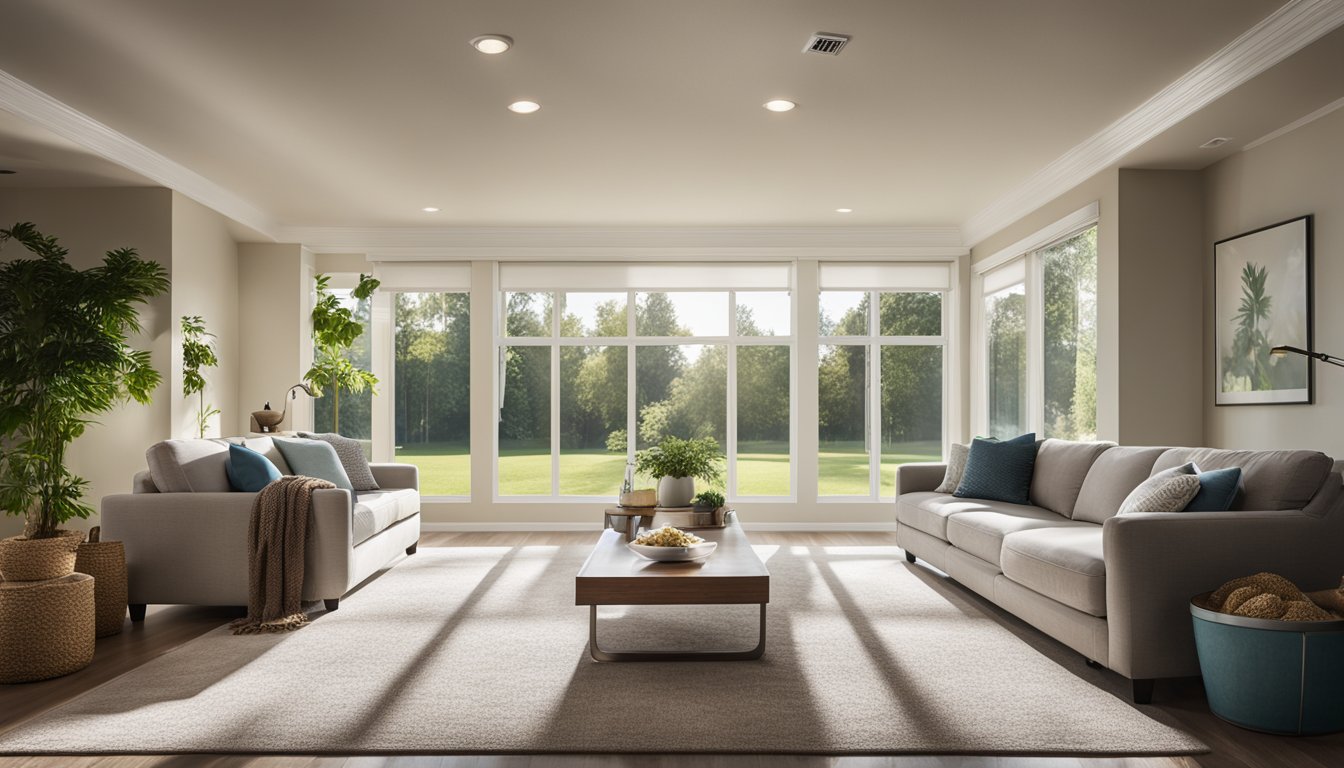 A family room with newly removed popcorn ceiling, fresh air circulating, and sunlight streaming in through the windows