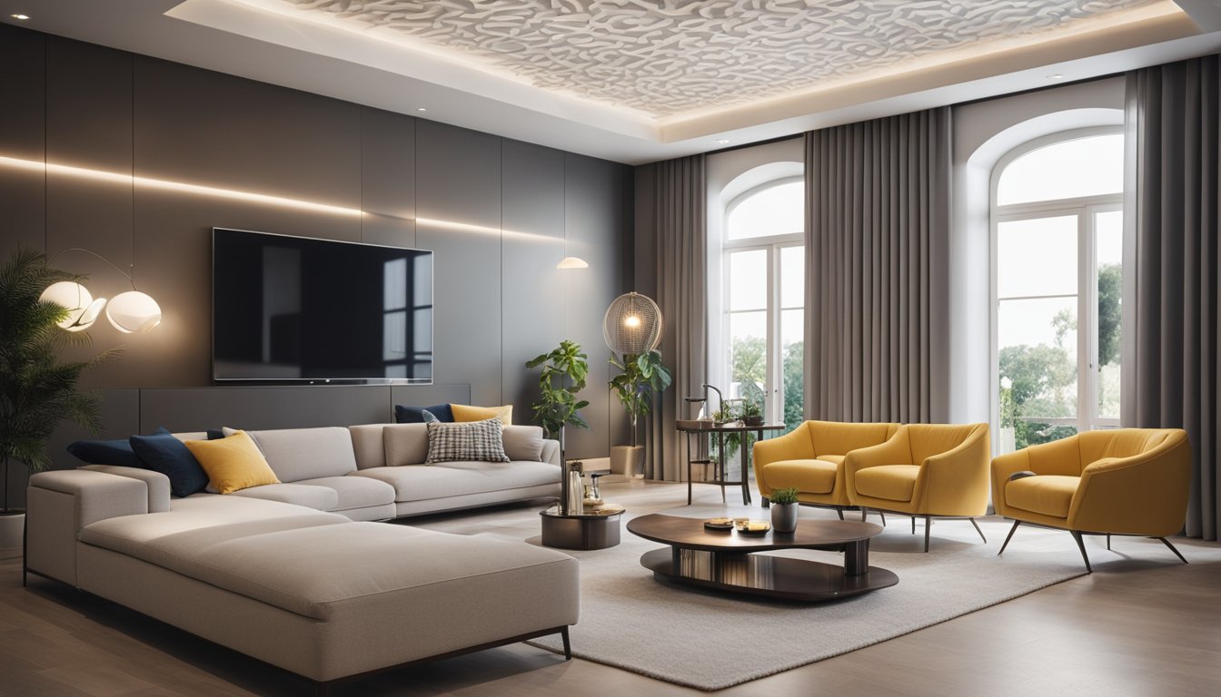 A modern living room with a smooth, clean ceiling. Furniture and decor reflect a contemporary style