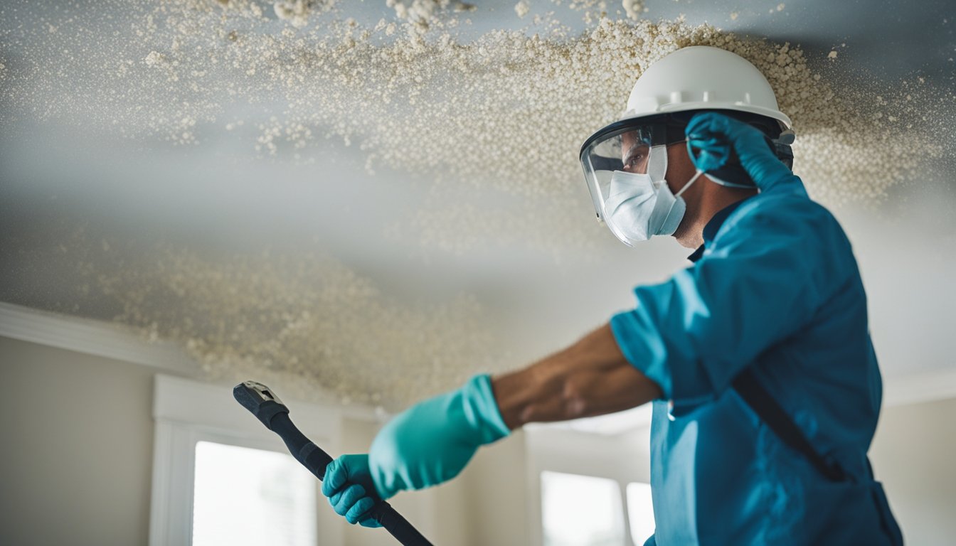 A person removing popcorn ceiling in a Burlington home, using a scraper and wearing protective gear while debris falls to the floor