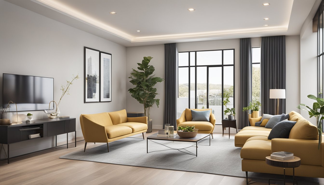 A modern, bright living room with smooth ceilings, updated fixtures, and clean lines. The space feels spacious and inviting, with a sense of increased home value