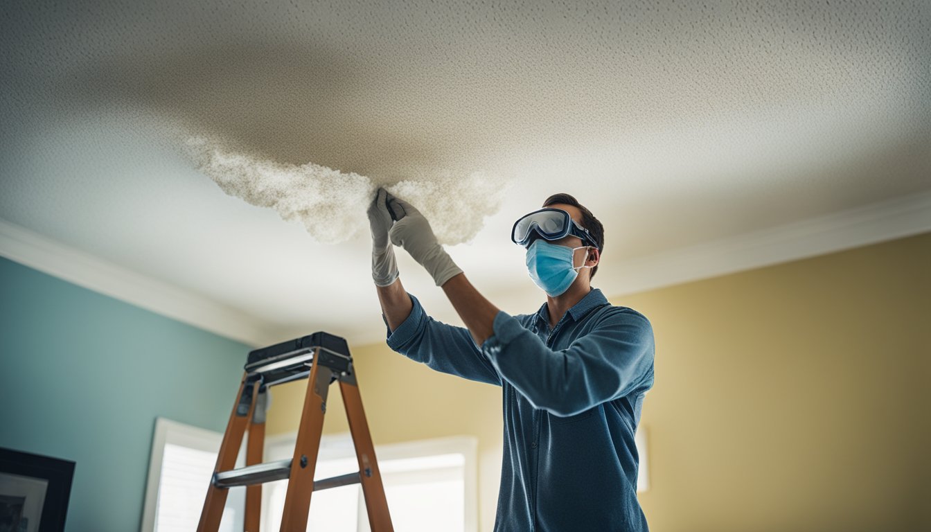 A person standing on a ladder scraping off popcorn ceiling in a Burlington home, with a dust mask and protective eyewear