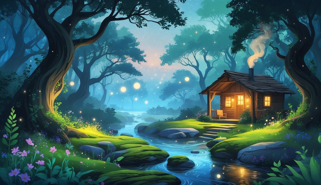 A peaceful forest scene with a rustic cabin by a clear stream surrounded by trees, wildflowers, and soft glowing lights.