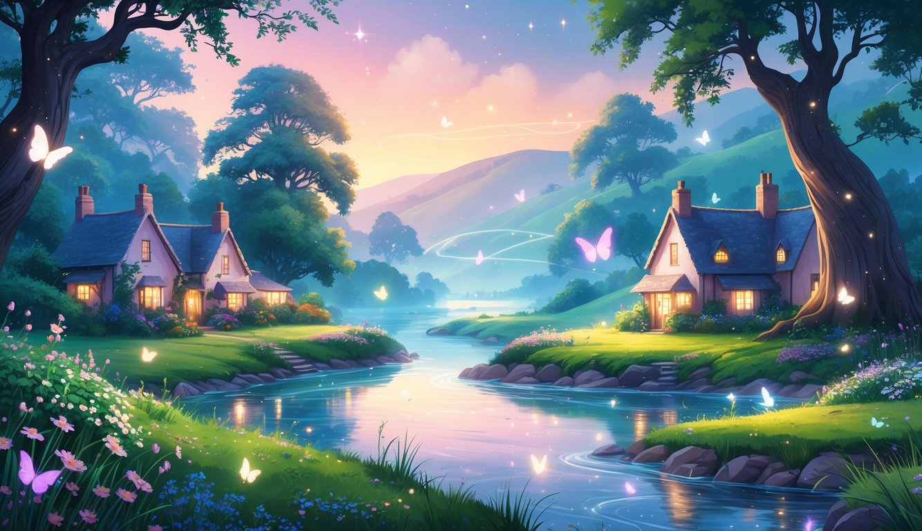 A peaceful coastal village with cottages surrounded by trees and wildflowers, a clear river flowing through, and gentle hills in the background under a soft glowing sky.