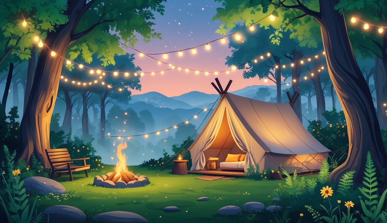 A cozy tent in a forest clearing at twilight with glowing lights, a campfire, and mountains in the background.