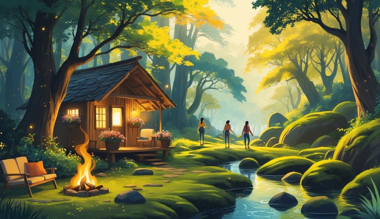 A peaceful forest clearing with a rustic cabin, a gentle stream, and people enjoying both relaxing by a campfire and exploring nearby forest paths.