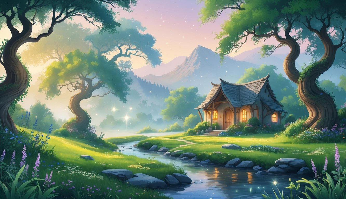 A peaceful cottage surrounded by trees, wildflowers, and a clear stream with mountains in the background under a soft morning sky.