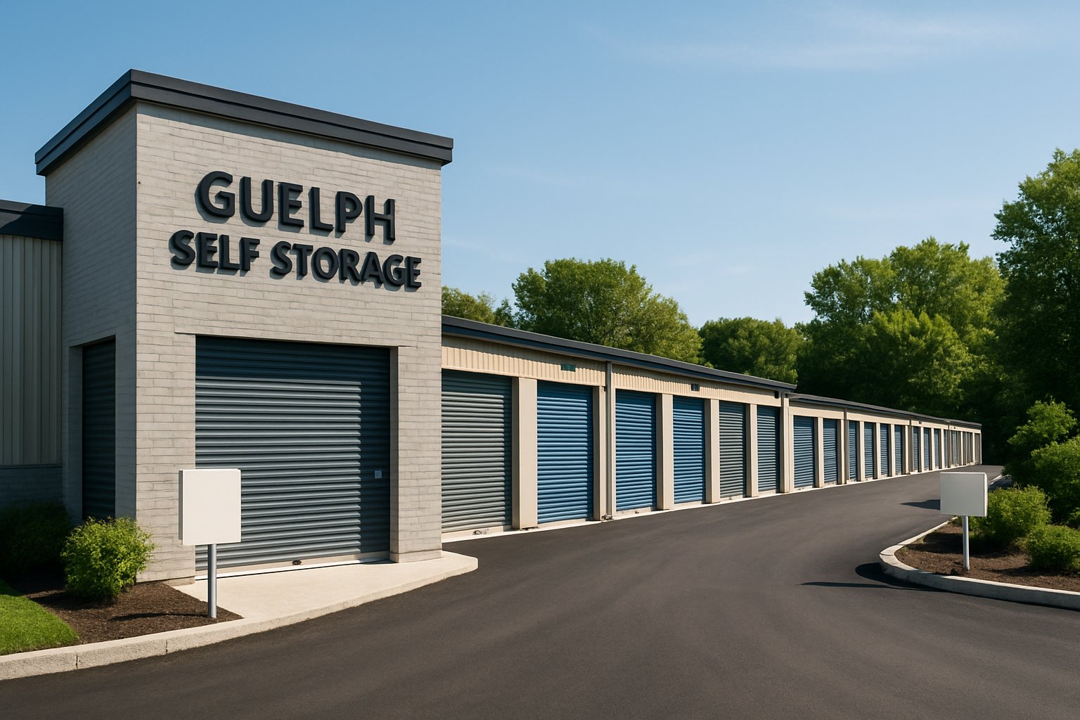 A clean self storage facility with rows of closed storage units and green trees in the background under a clear sky.