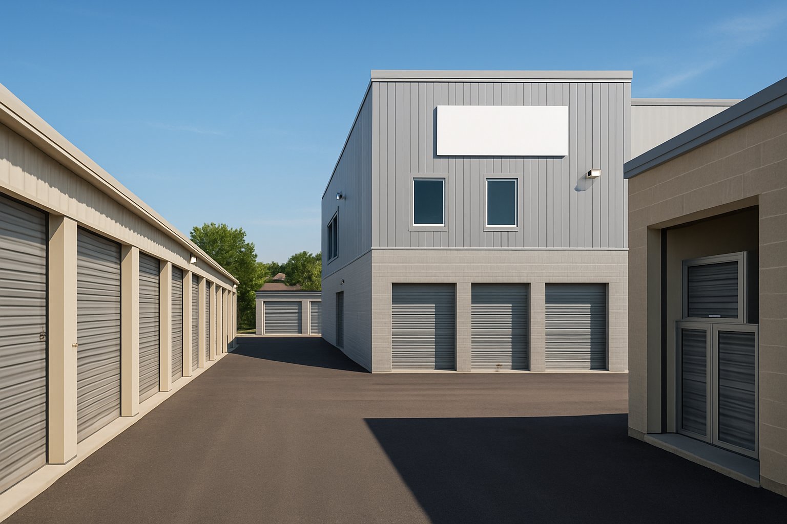 A modern self storage facility with multiple storage units and a suburban neighborhood in the background under a clear sky.