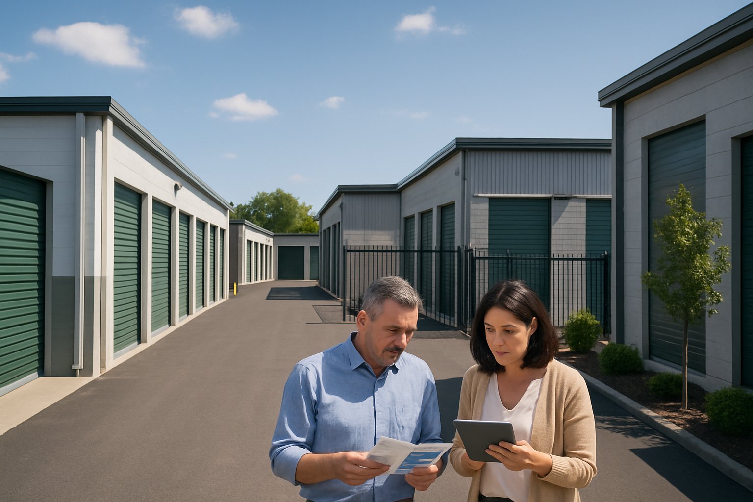 People comparing self storage facilities outdoors with multiple storage buildings and clear skies in the background.