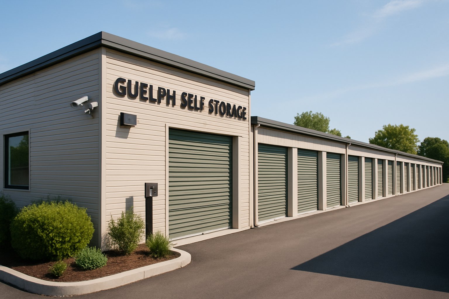 A modern self storage facility with multiple storage units, paved driveways, and surrounding greenery under a clear sky.