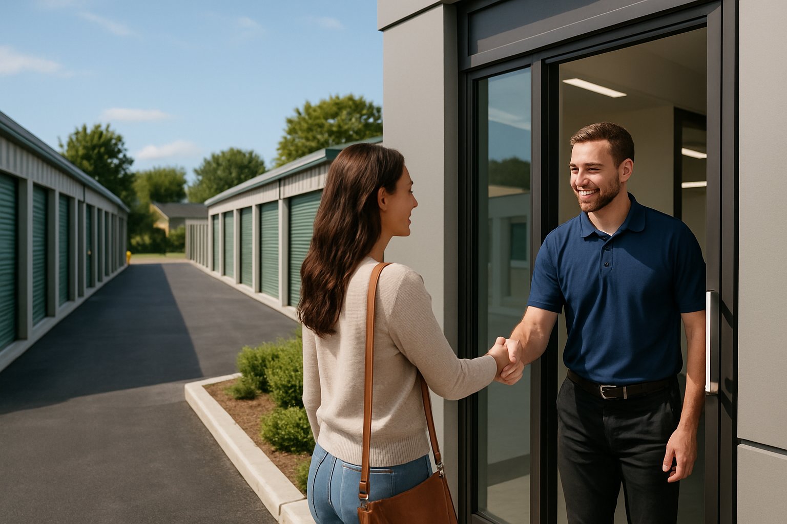 A modern self storage facility with rows of storage units and a customer talking to a staff member at the office entrance on a sunny day.
