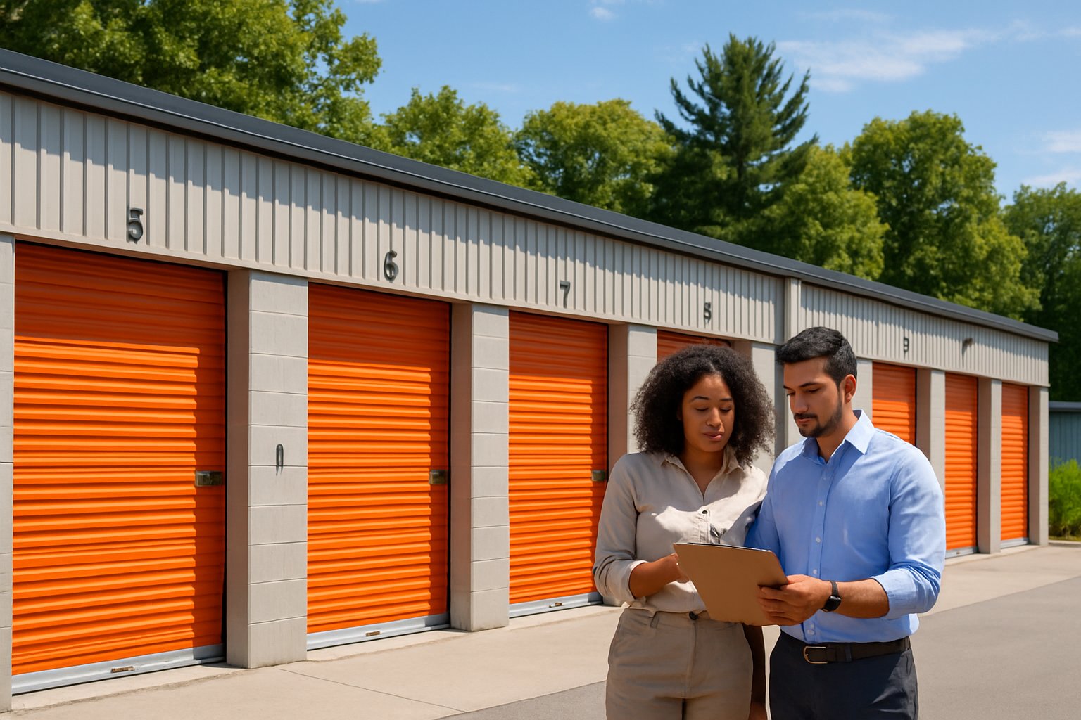 A couple standing in front of a clean, well-maintained row of self storage units with secure doors, outdoors on a sunny day.