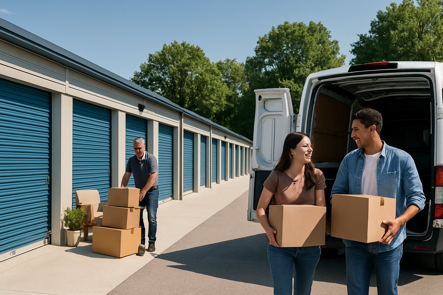 People organizing boxes near a modern self storage facility with storage units and a moving van on a sunny day.