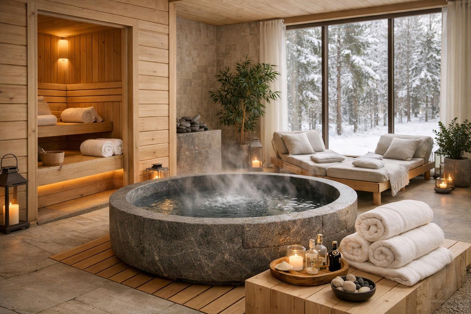 A calm Scandinavian spa interior with a wooden sauna, stone hot tub, green plants, and snowy forest visible through large windows.