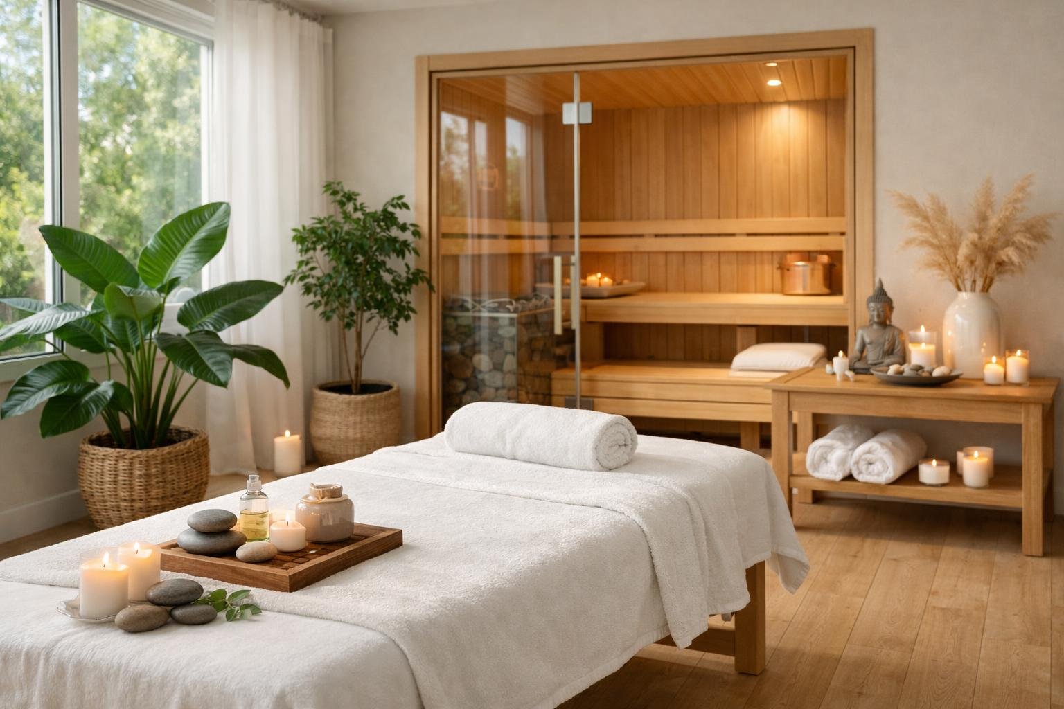 A peaceful Scandinavian spa room with a massage table, wooden sauna, plants, and soft natural light.