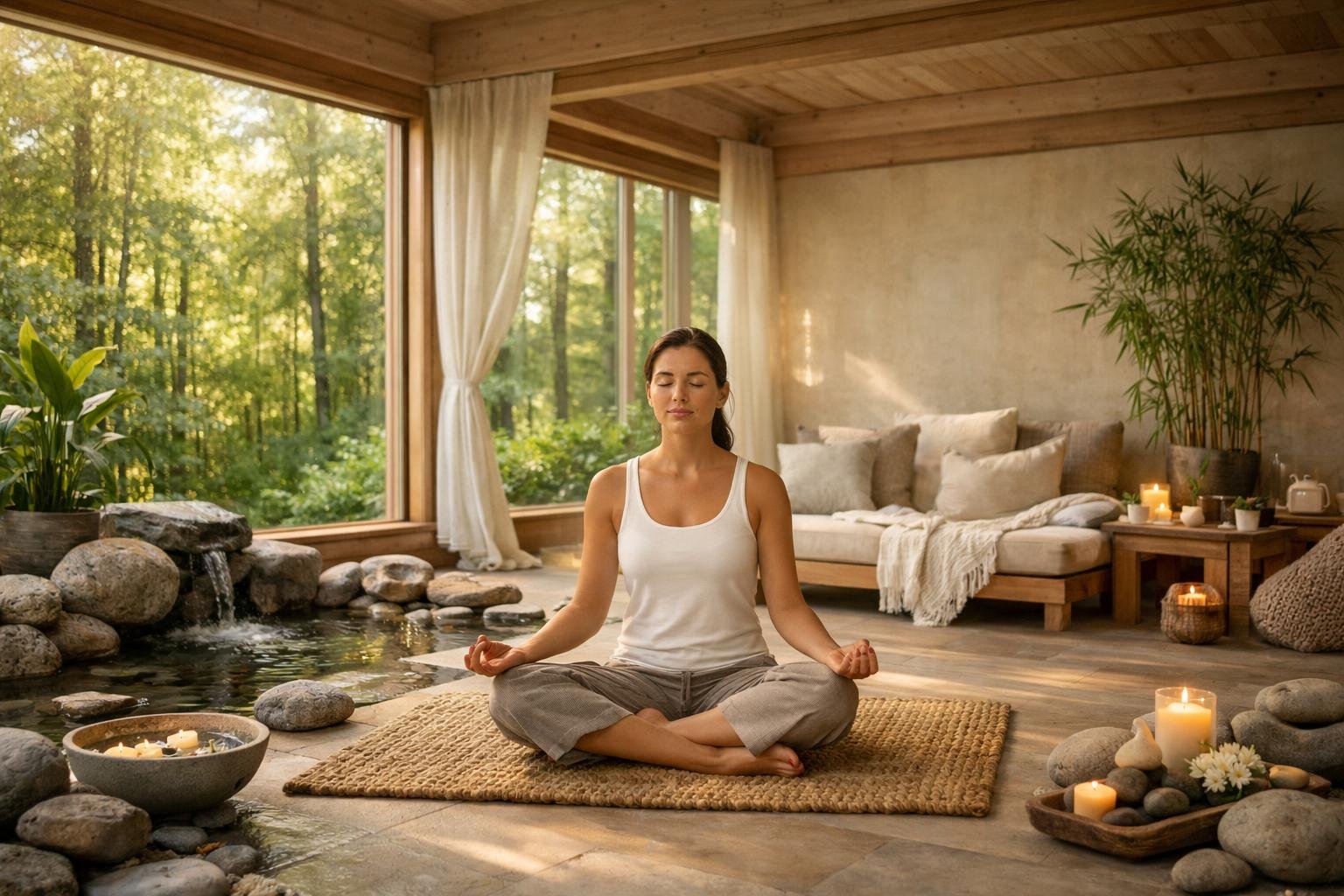 A person meditating peacefully in a bright, natural spa room with wooden accents and green plants visible through large windows.