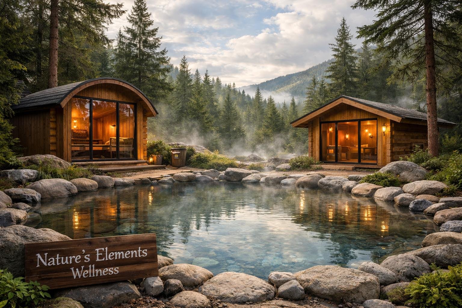 A peaceful outdoor Scandinavian spa with wooden sauna cabins, a natural hot spring pool surrounded by pine trees and mist.