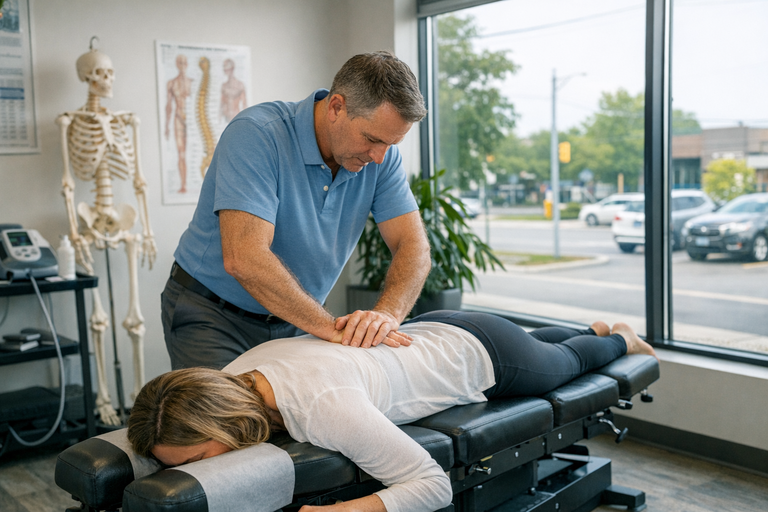 Illustration of various chiropractic treatment techniques showing spinal adjustments