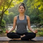Woman sitting cross-legged on a mat beside a forest stream