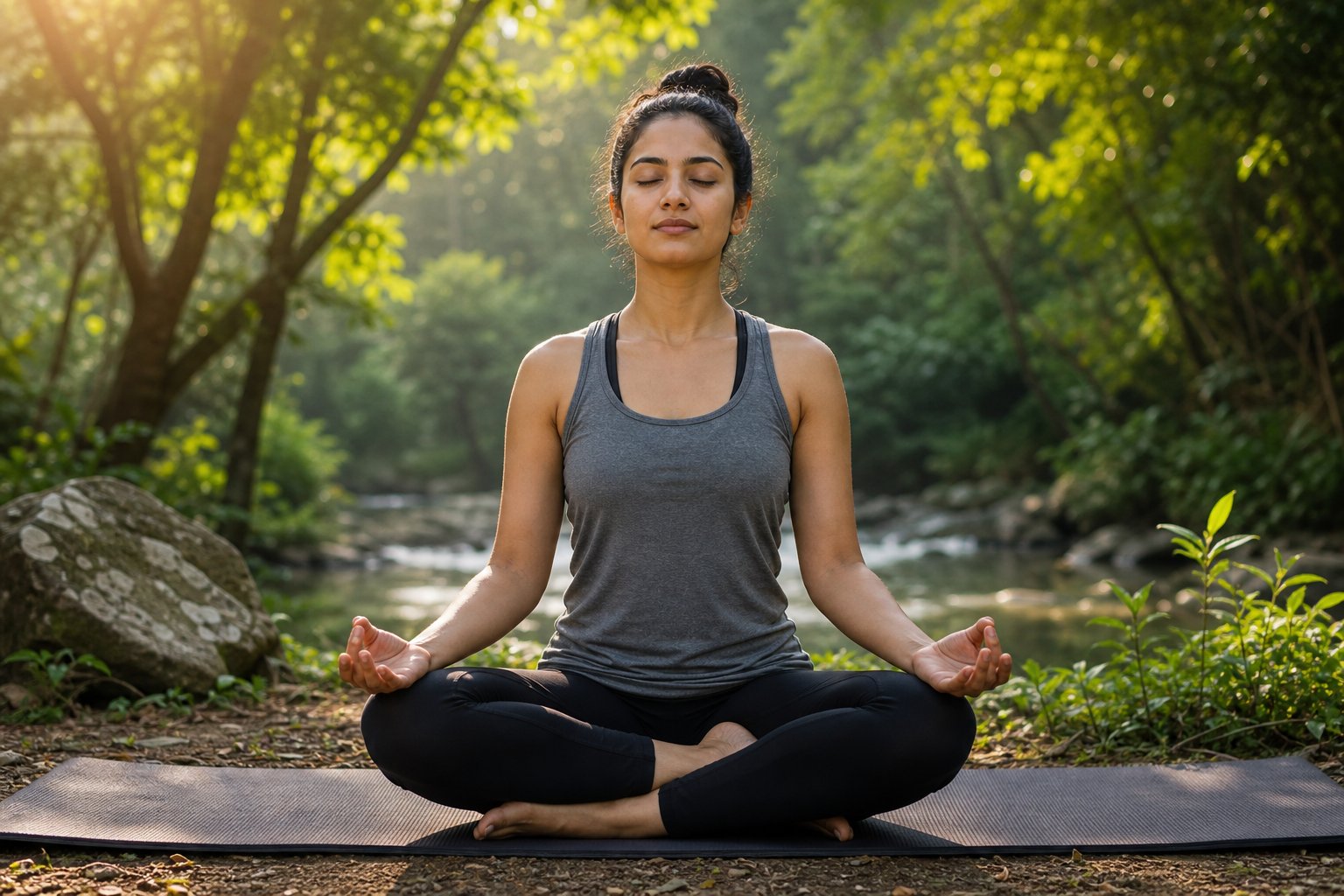Woman sitting cross-legged on a mat beside a forest stream