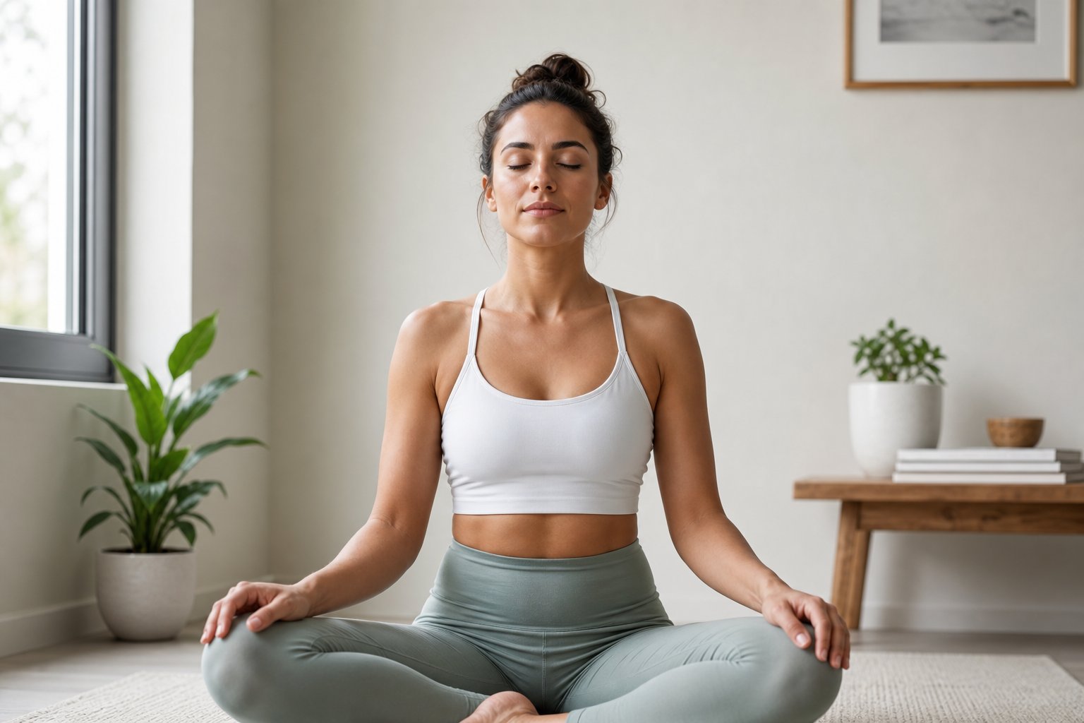 A person sitting calmly with eyes closed, practicing a breathing exercise in a bright and peaceful room.
