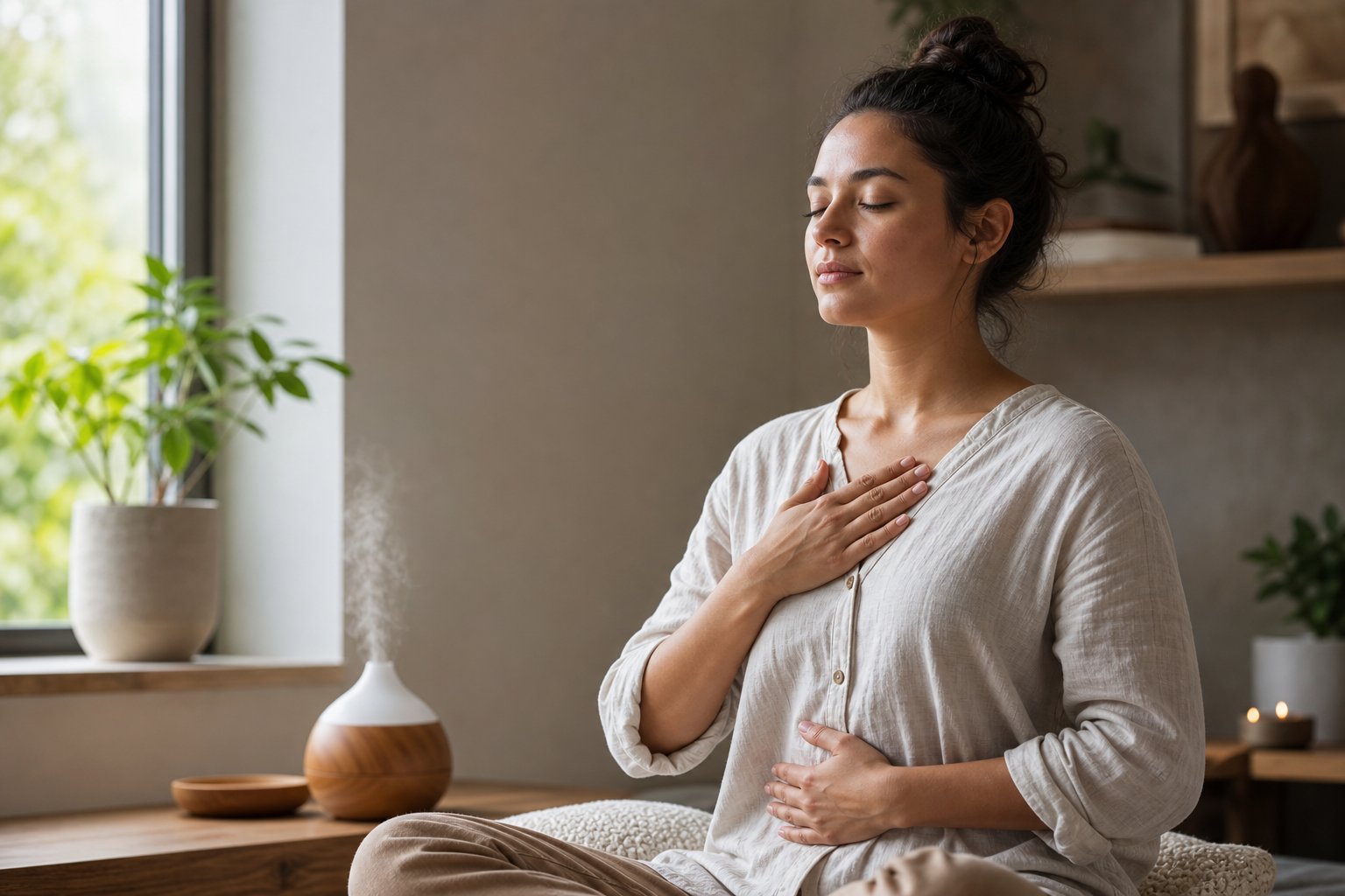 A person sitting peacefully indoors with eyes closed, practicing deep breathing in a calm and relaxed setting.